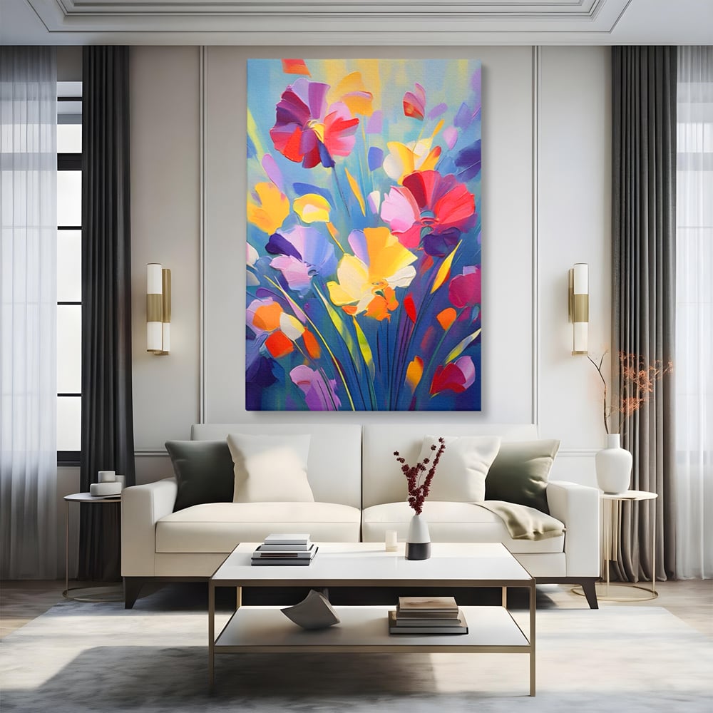 Tablou canvas cu pictura verticala cu flori colorate, fara rama, pe sasiu de lemn, pe perete intr-un living